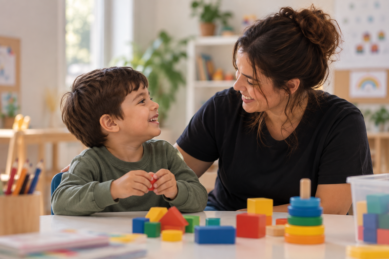 Acompanhante terapêutica sorri para um menino sentado à mesa com blocos coloridos de encaixe, em uma sala de atividades