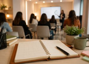 Agenda mensal aberta sobre uma mesa com caneta e xícara de café; ao fundo, desfocada, uma turma assiste a uma apresentação em sala de aula