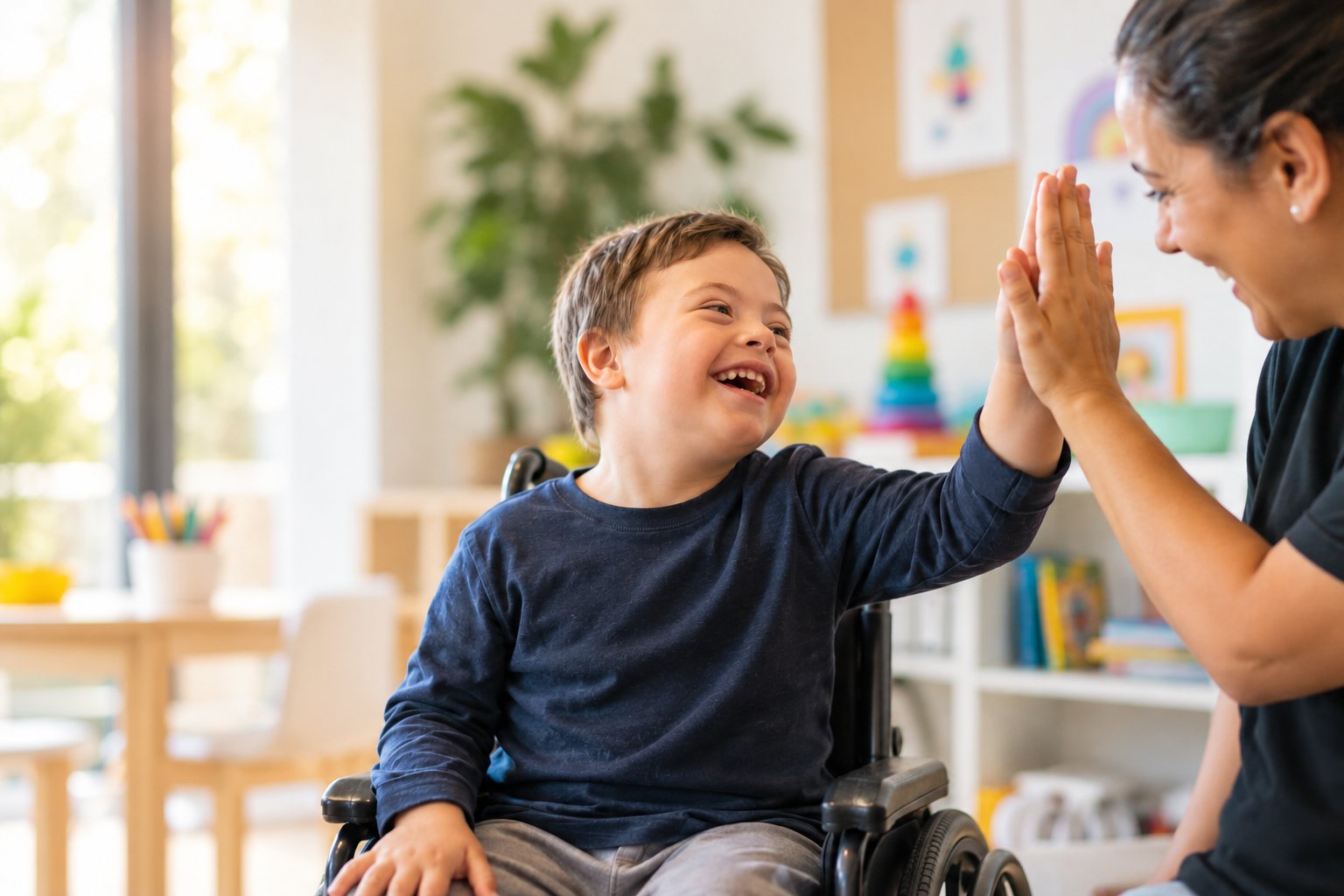Menino sorridente em cadeira de rodas dá um toca aqui com a professora numa sala de aula colorida
