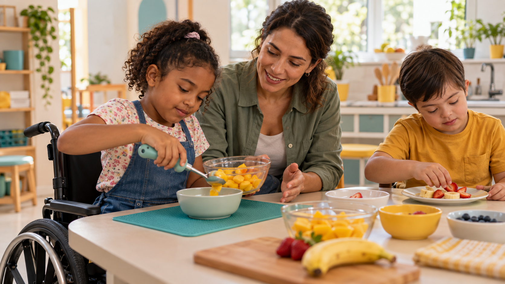 Menina em cadeira de rodas serve manga picada com uma colher adaptada, ao lado de uma terapeuta sorridente, enquanto um menino com síndrome de Down monta um prato de frutas em uma cozinha clara