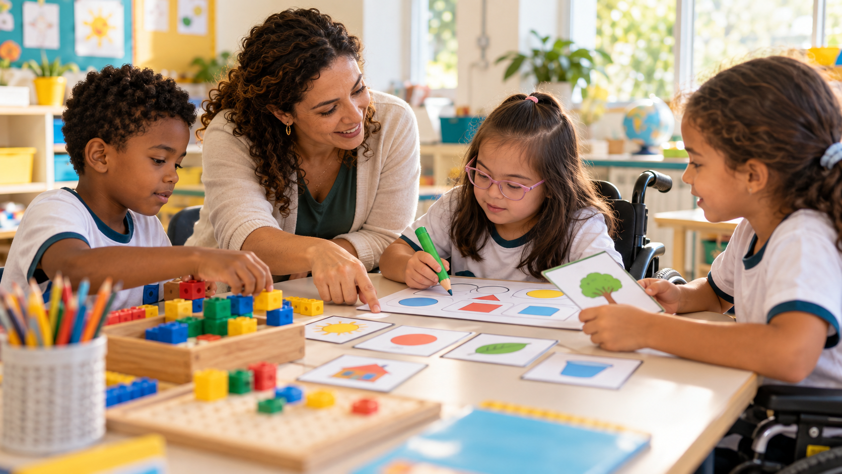 Professora sorri e aponta para uma atividade com formas geométricas enquanto três crianças, uma delas cadeirante, participam juntas com blocos e cartões ilustrados em uma sala de aula colorida